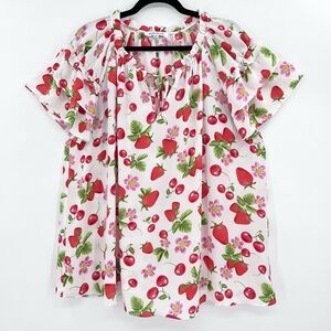Rose + Olive Strawberry Cherry Floral Ruffle Sleeve Chiffon V-Neck Tie Blouse 2X